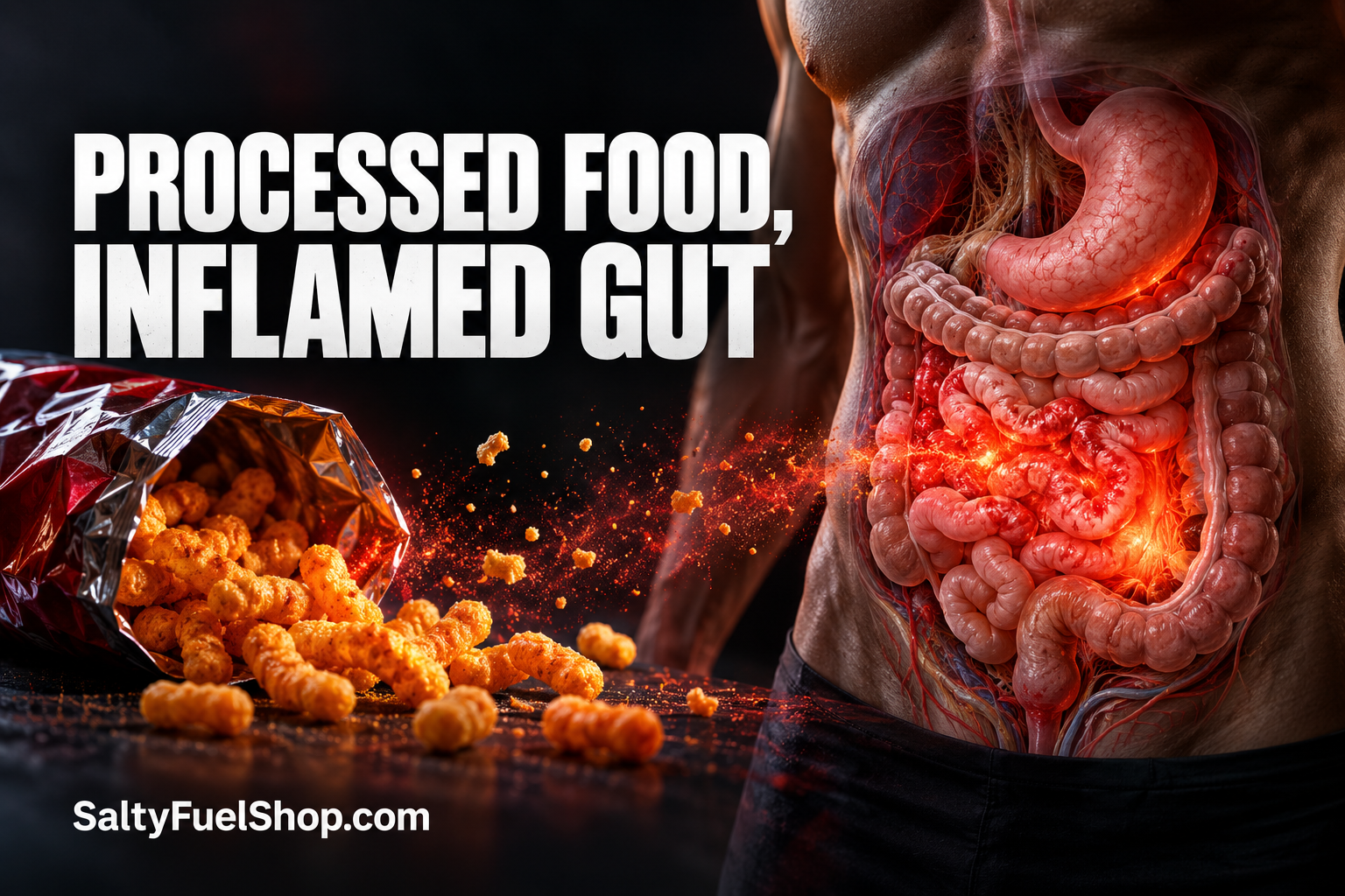 Ultra-processed foods spilling from a bag toward an inflamed human gut