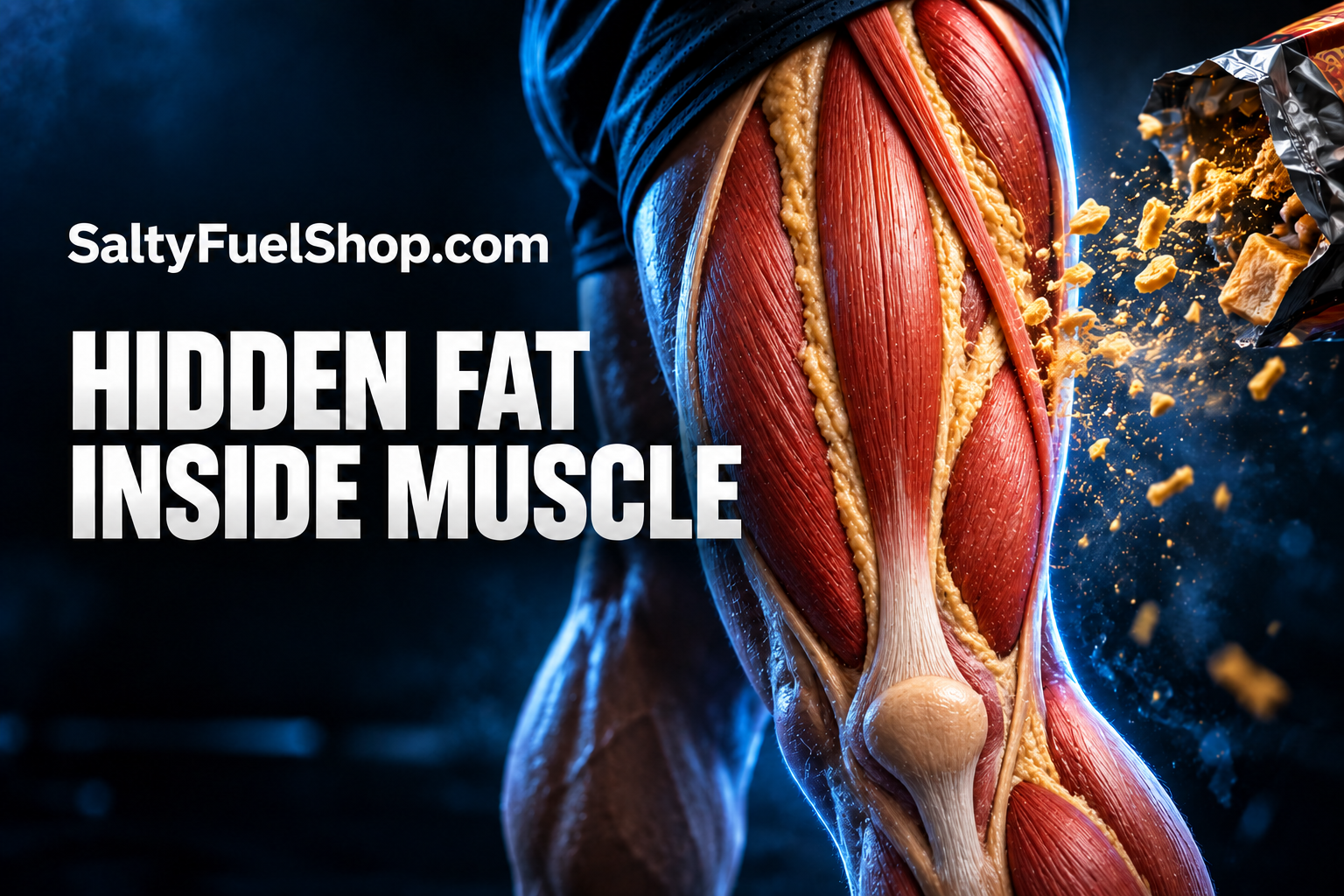 Fat infiltrating thigh muscle from ultra-processed foods shown in anatomical illustration