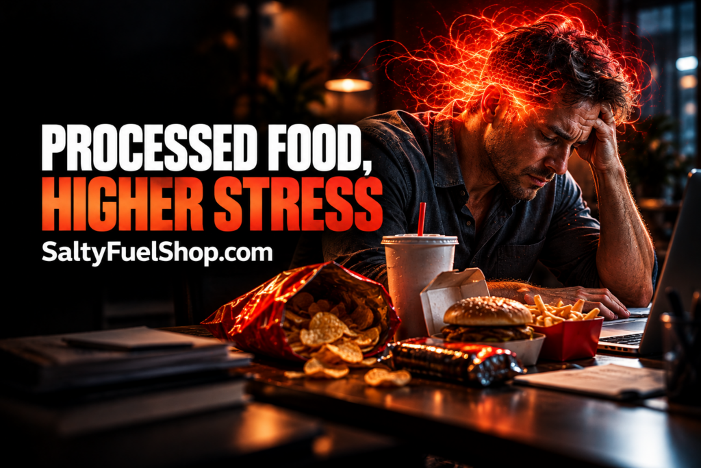 Ultra-processed foods Linked to stress as a man eats snacks at his laptop