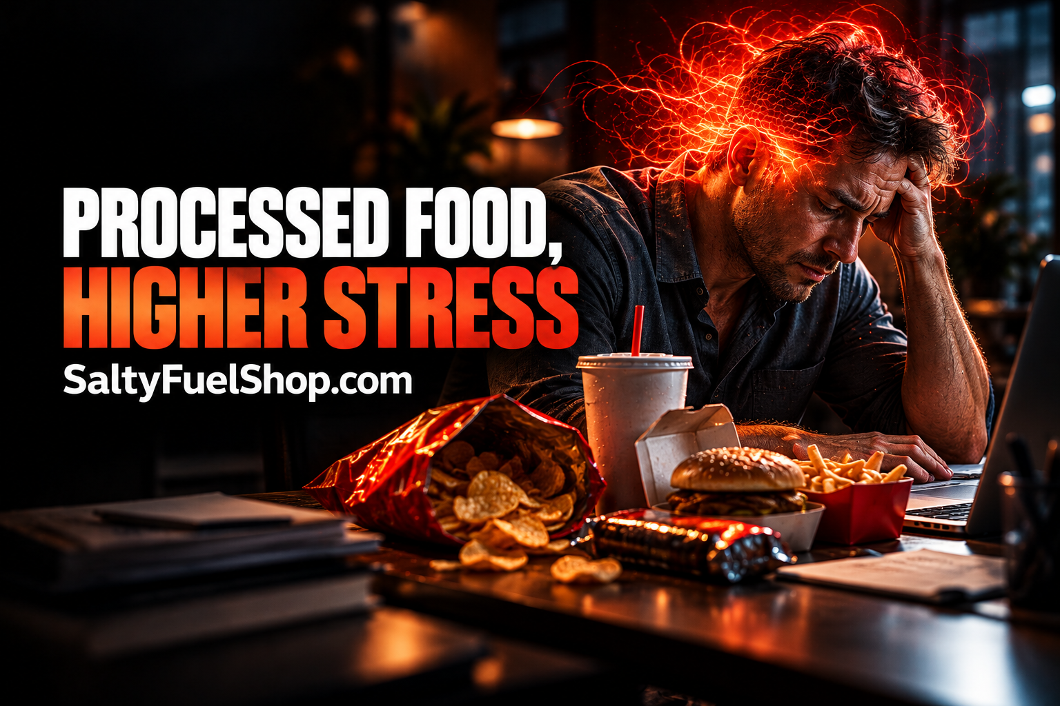 Ultra-processed foods Linked to stress as a man eats snacks at his laptop