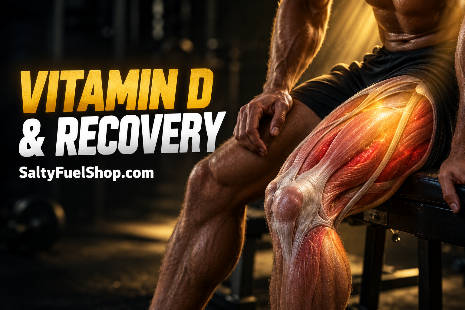 Athlete seated on gym bench with exposed leg muscle highlighting vitamin d muscle recovery