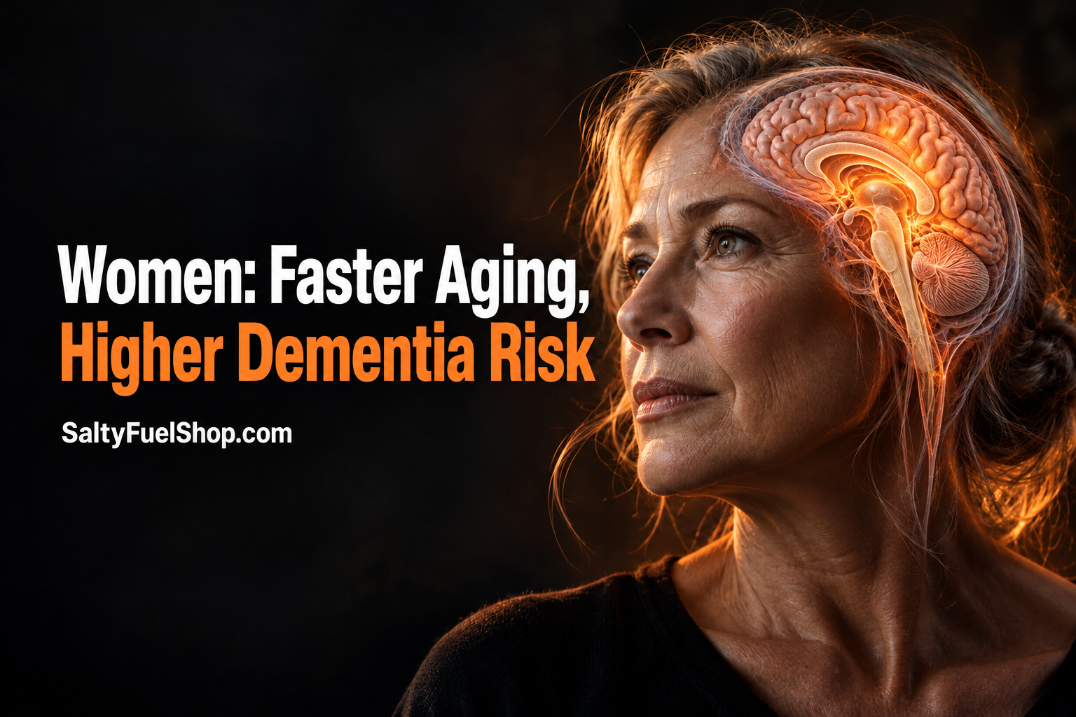 Woman shown in profile with glowing brain highlighting accelerated biological aging effects