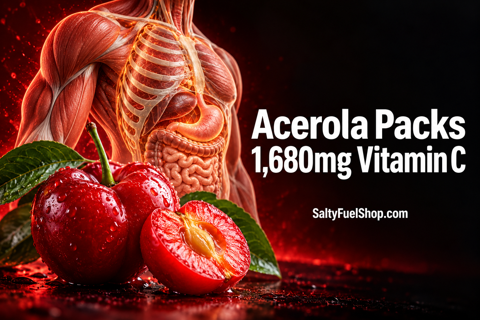Acerola health benefits illustrated with cherries and human anatomy