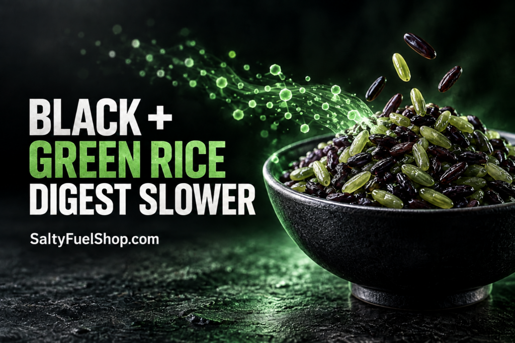 Black and green rice grains piled high in a black bowl