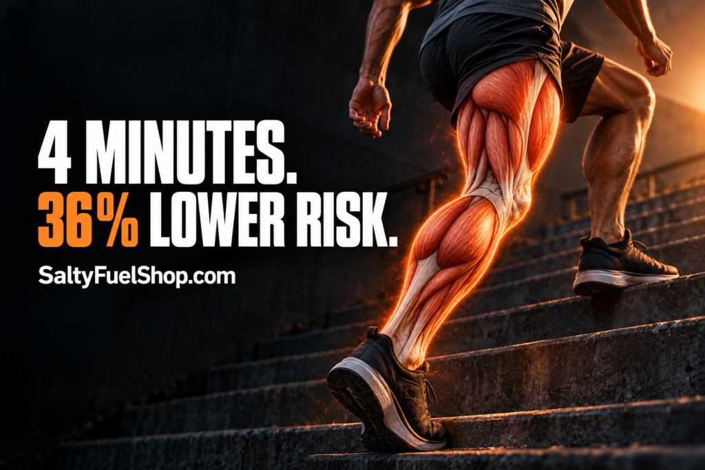 Runner climbing stairs with highlighted leg muscles during brief daily movement bursts
