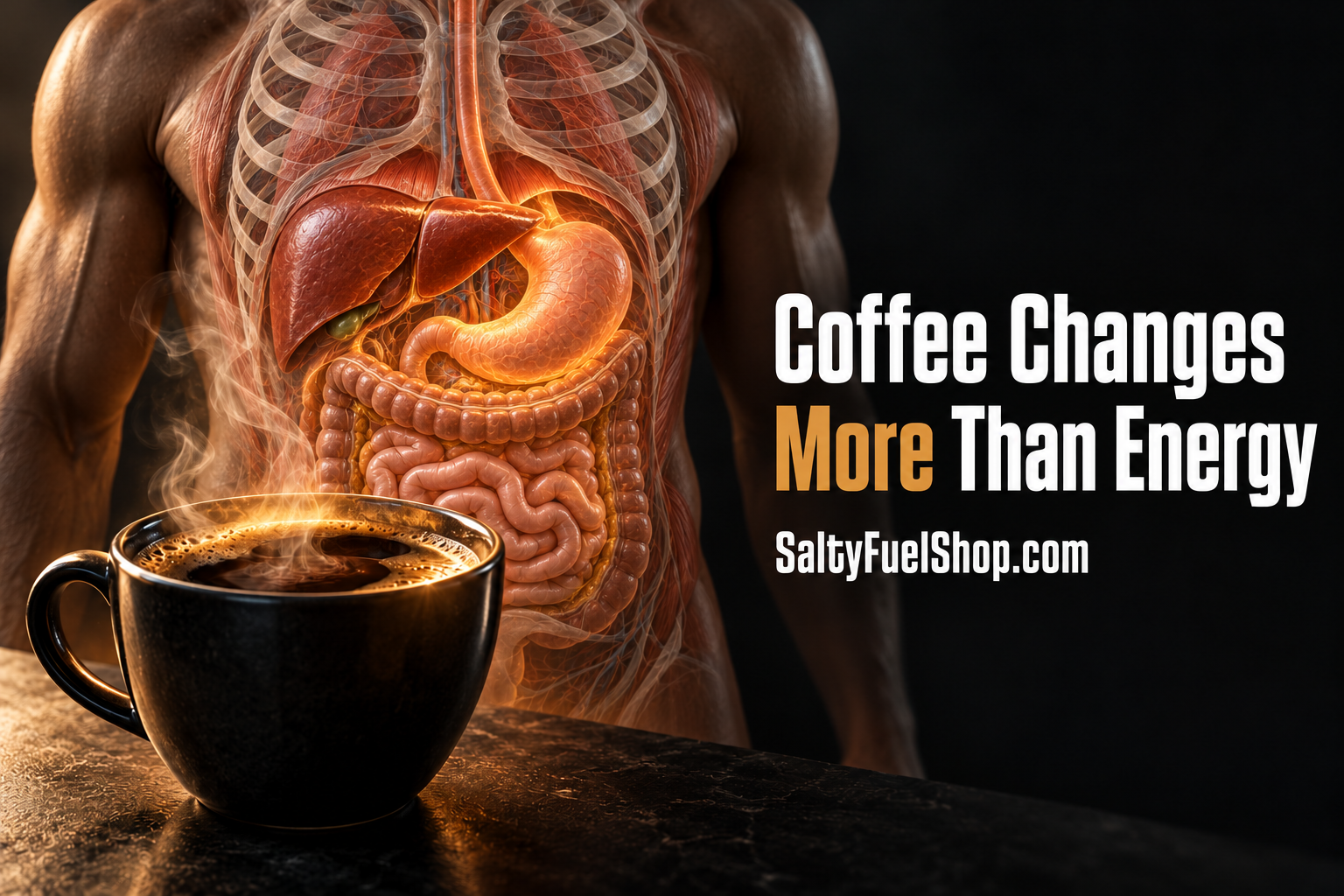 Coffee and gut metabolism visualised through a steaming cup beside an exposed human torso