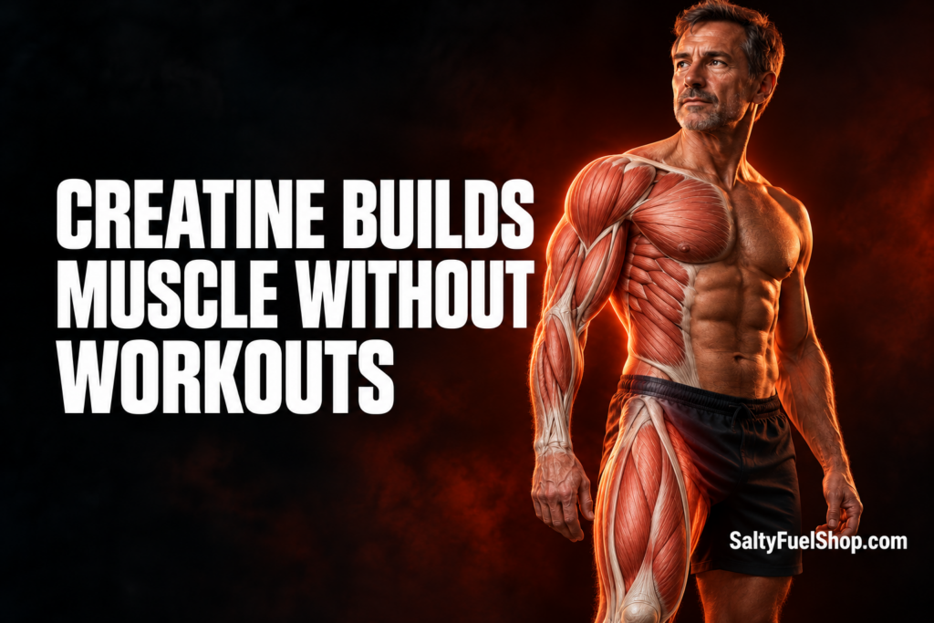 Middle-aged man with visible muscle anatomy demonstrating How creatine builds muscle without workouts