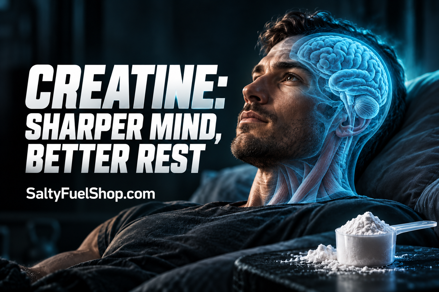 Man resting in bed with highlighted brain near a creatine scoop suggesting improved sleep