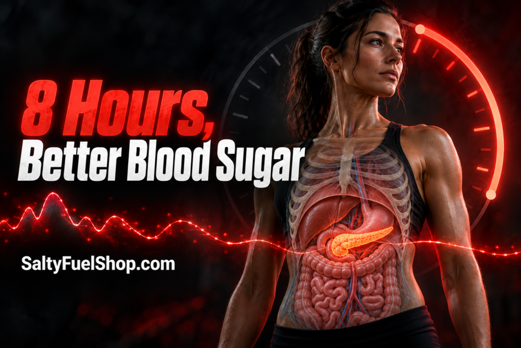 Woman standing beside a glowing clock illustrating an eight hour eating window