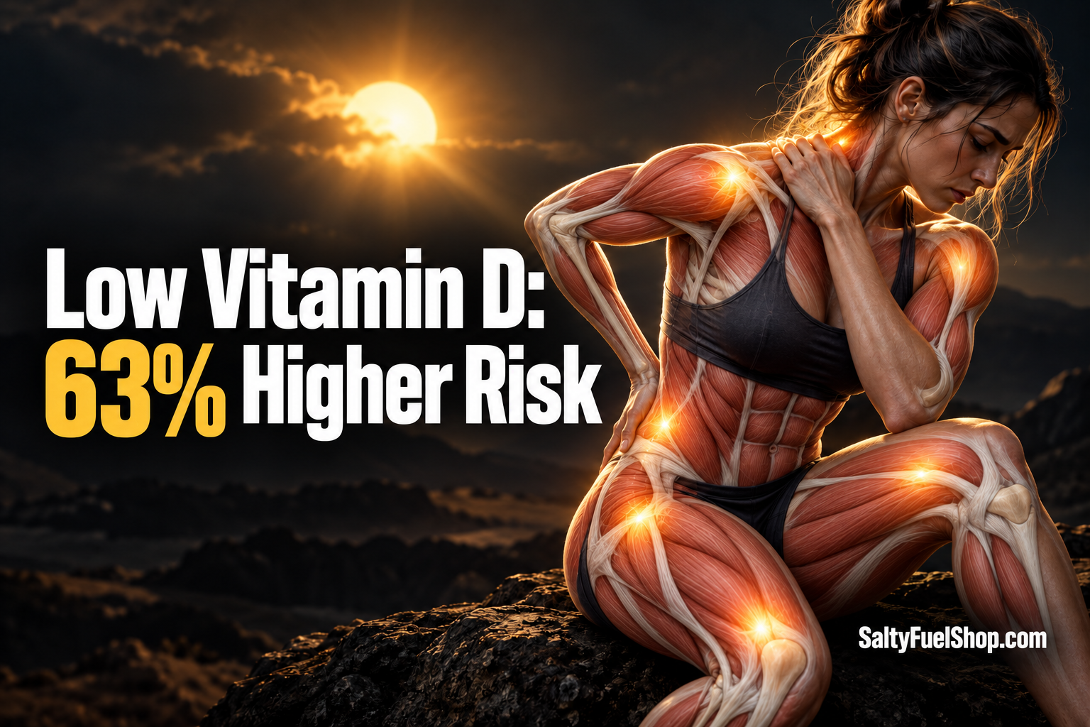 Woman with glowing pain points illustrating low vitamin d fibromyalgia risk