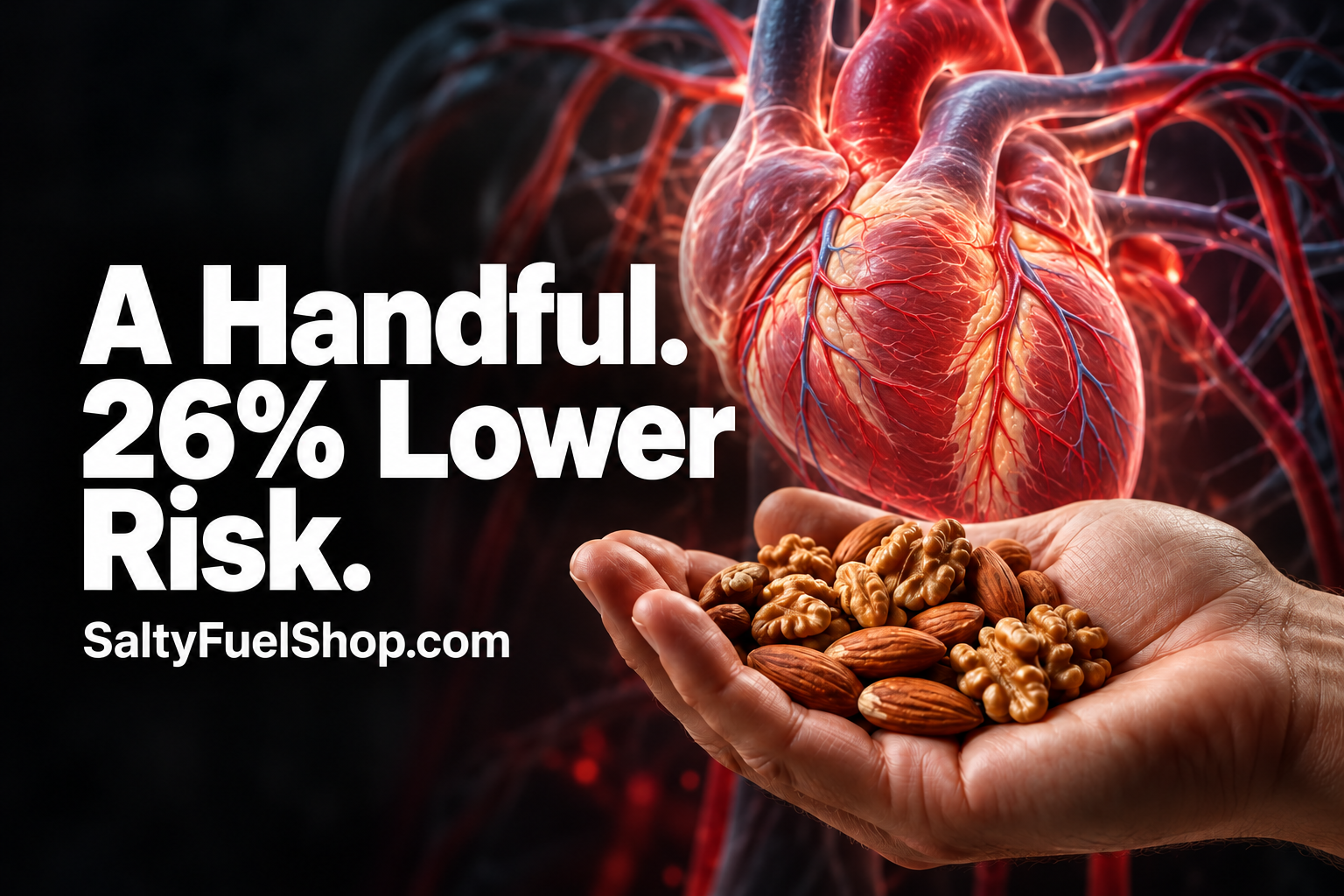Daily nut intake shown as hands cupping mixed nuts beside a glowing anatomical Heart