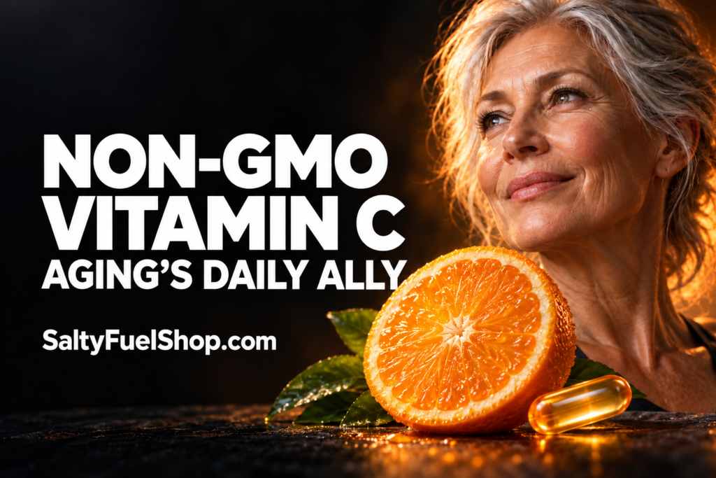 Senior woman with non-gmo vitamin c capsule and fresh orange