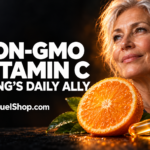 Senior woman with non-gmo vitamin c capsule and fresh orange