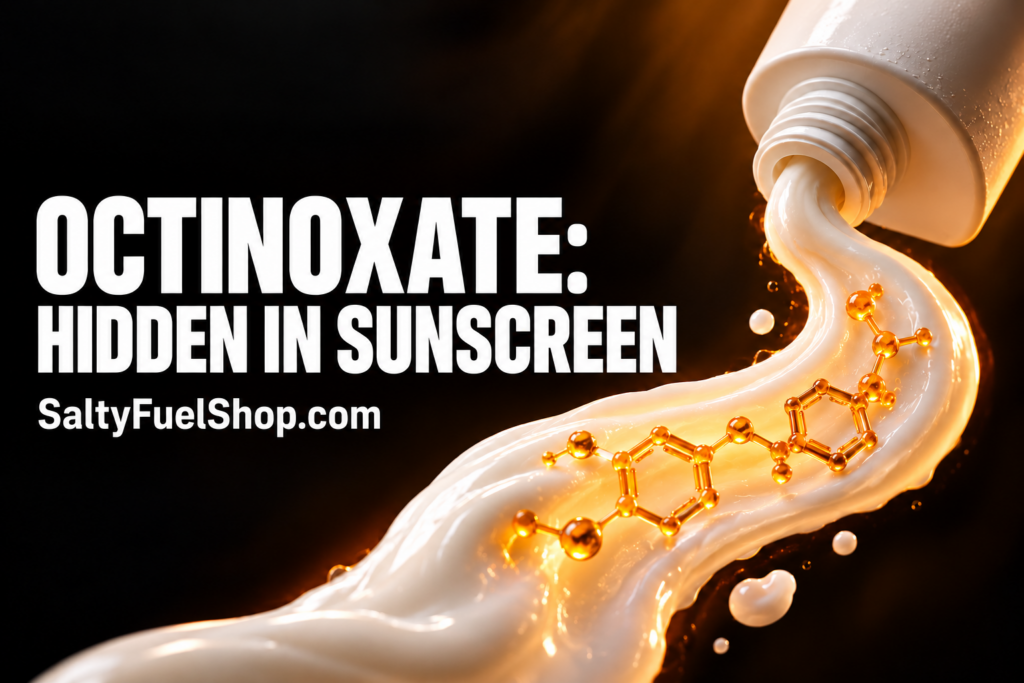 Octinoxate sunscreen cream flowing from a tube with molecular structures