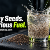 Chia seeds pre-workout drink splashing beside scattered seeds and dumbbells