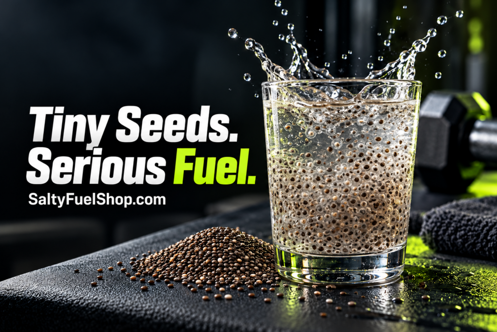 Chia seeds pre-workout drink splashing beside scattered seeds and dumbbells