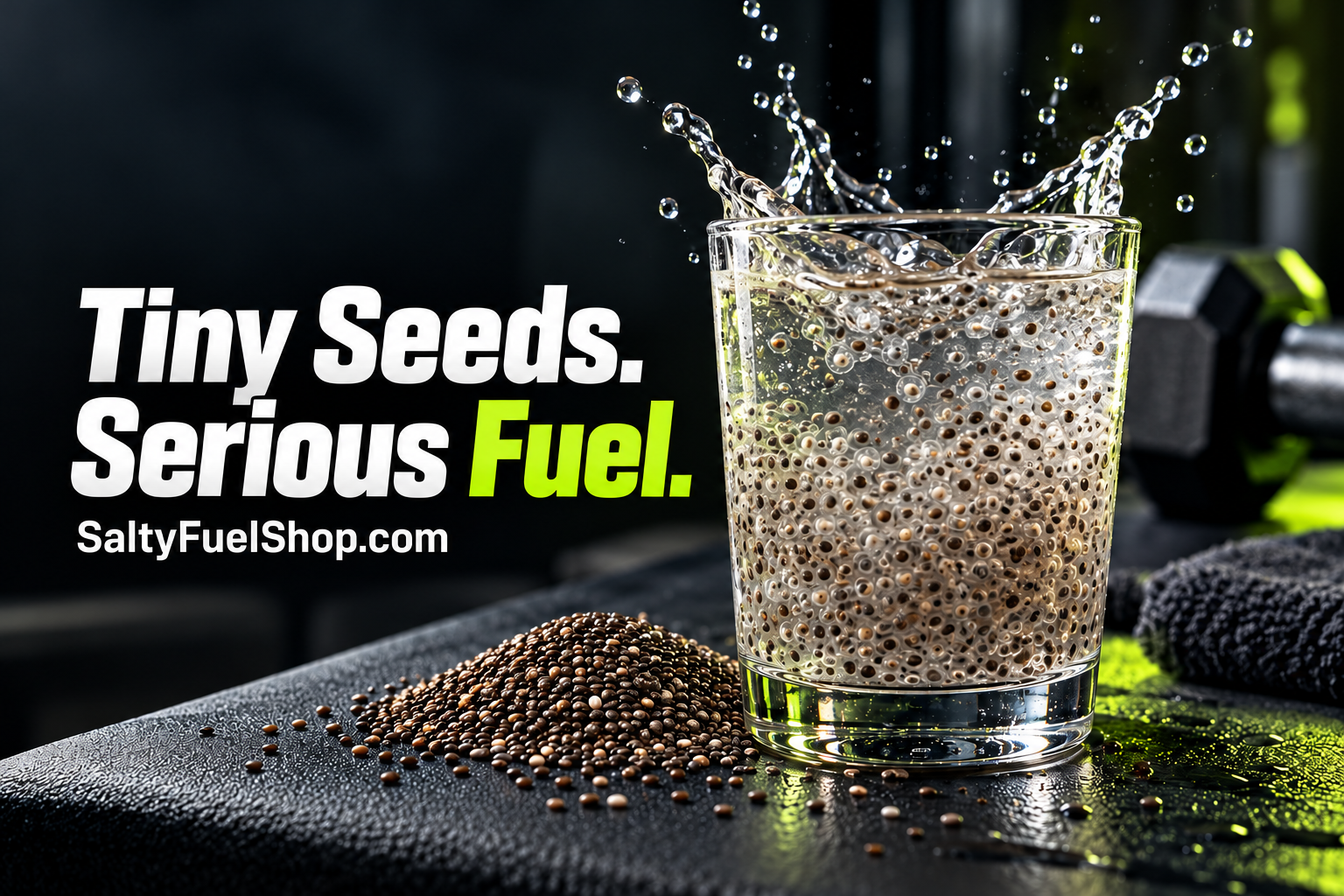 Chia seeds pre-workout drink splashing beside scattered seeds and dumbbells