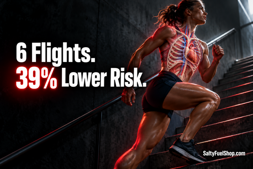 Woman climbing stairs with visible heart showing stair climbing heart disease benefit