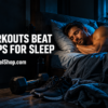 Structured exercise linked to better sleep shown by man resting beside dumbbells