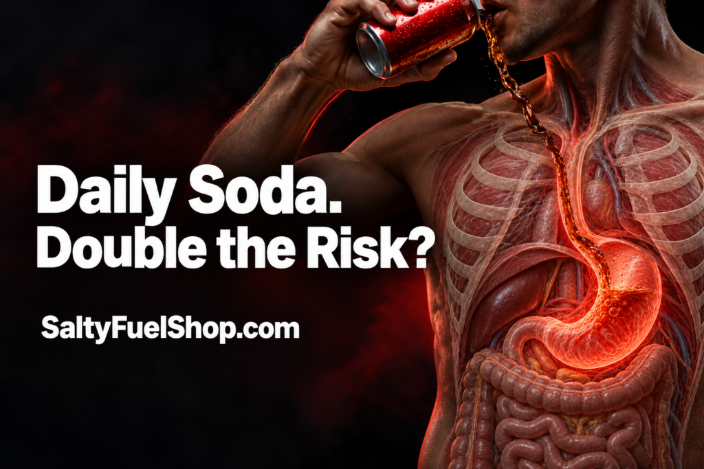 Man pouring soda down into an exposed stomach illustrating sugar-sweetened beverages gastric cancer risk