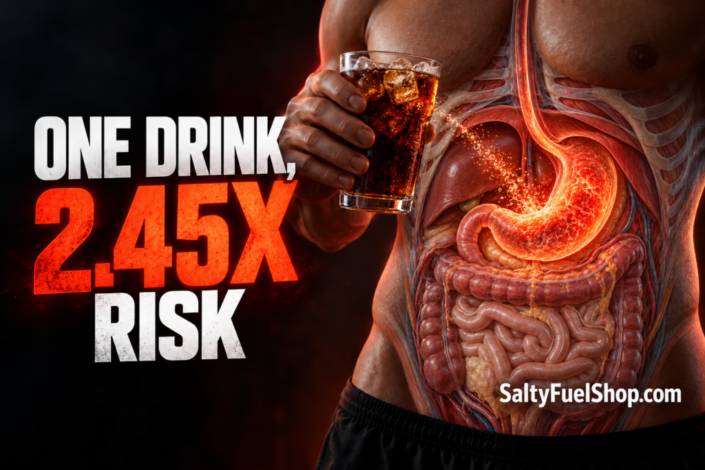 Man holding a sugary drink with a highlighted stomach showing cancer risk