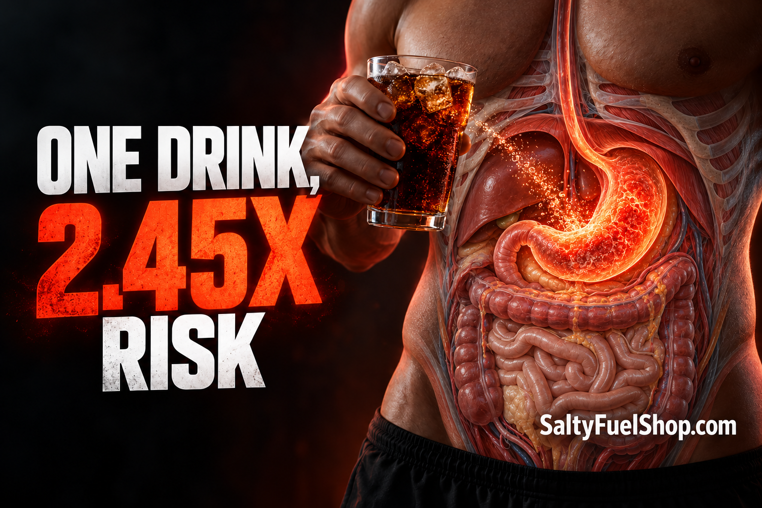 Man holding a sugary drink with a highlighted stomach showing cancer risk