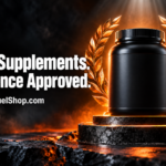 Supplement awards trophy jar on a glowing podium ringed by golden laurels