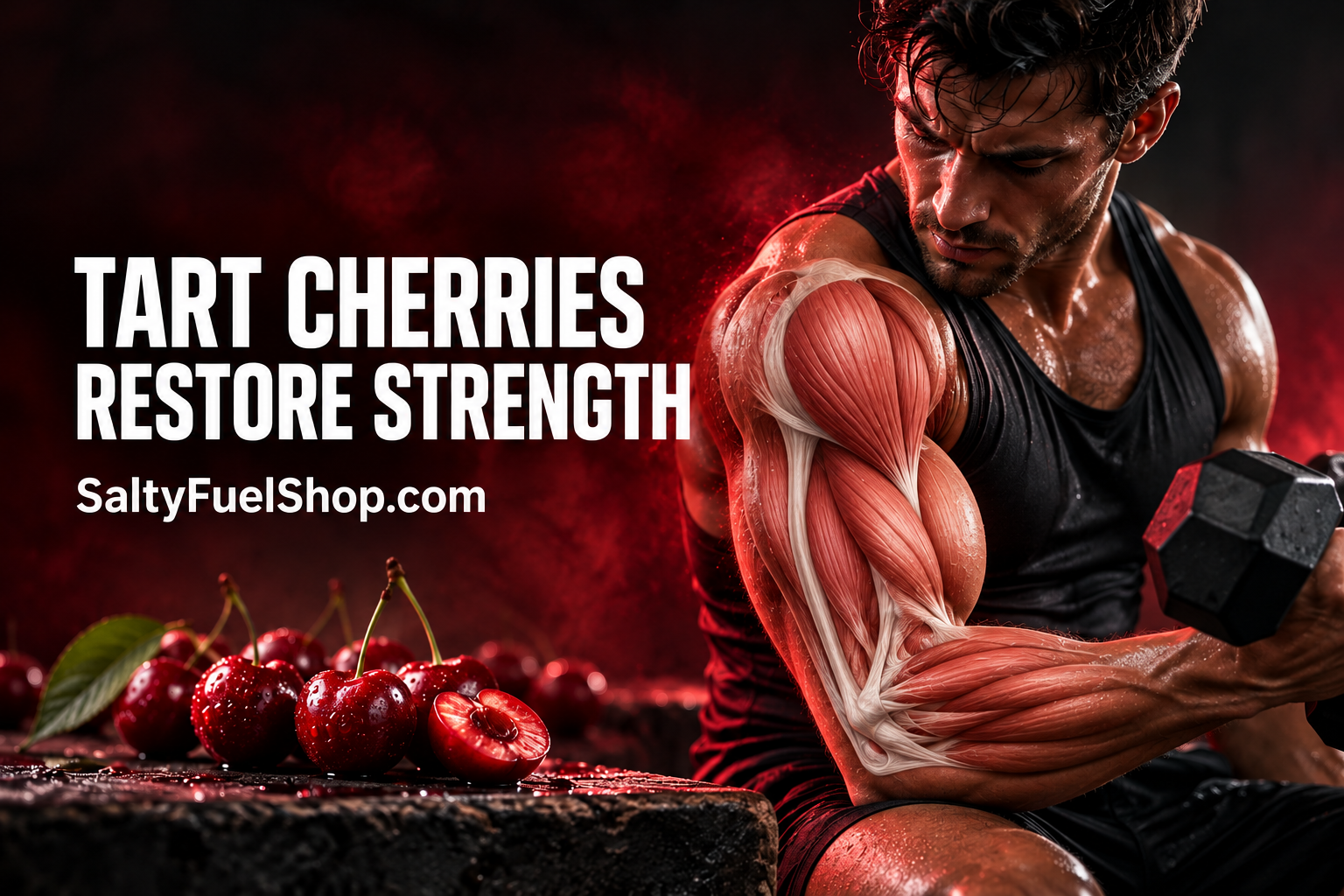 Tart cherry muscle recovery beside an athlete lifting a dumbbell