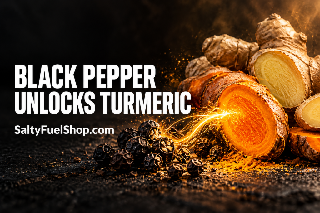 Turmeric root, black peppercorns, and ginger displayed together