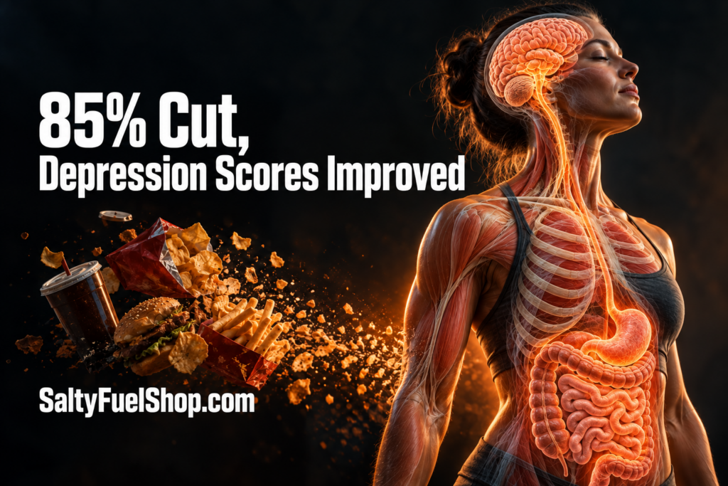 Woman with visible digestive system rejecting ultra-processed food Linked to depression