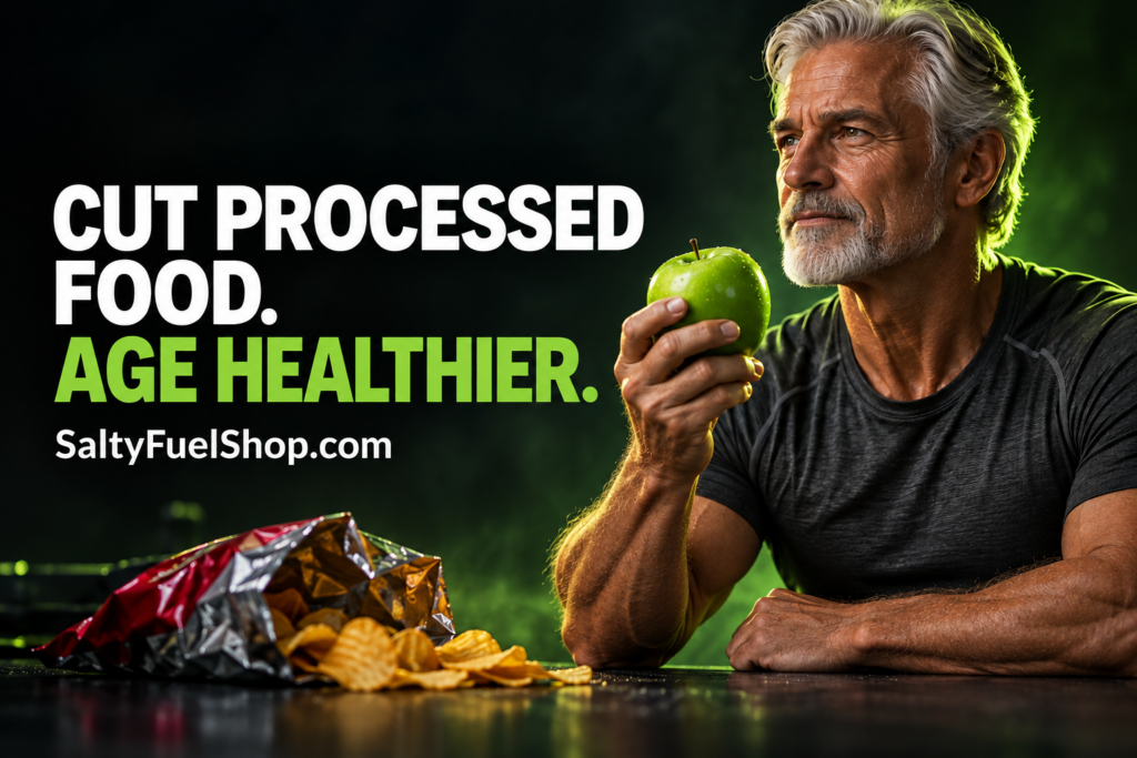 Older man choosing a fresh apple over chips to slow ultra-processed foods aging