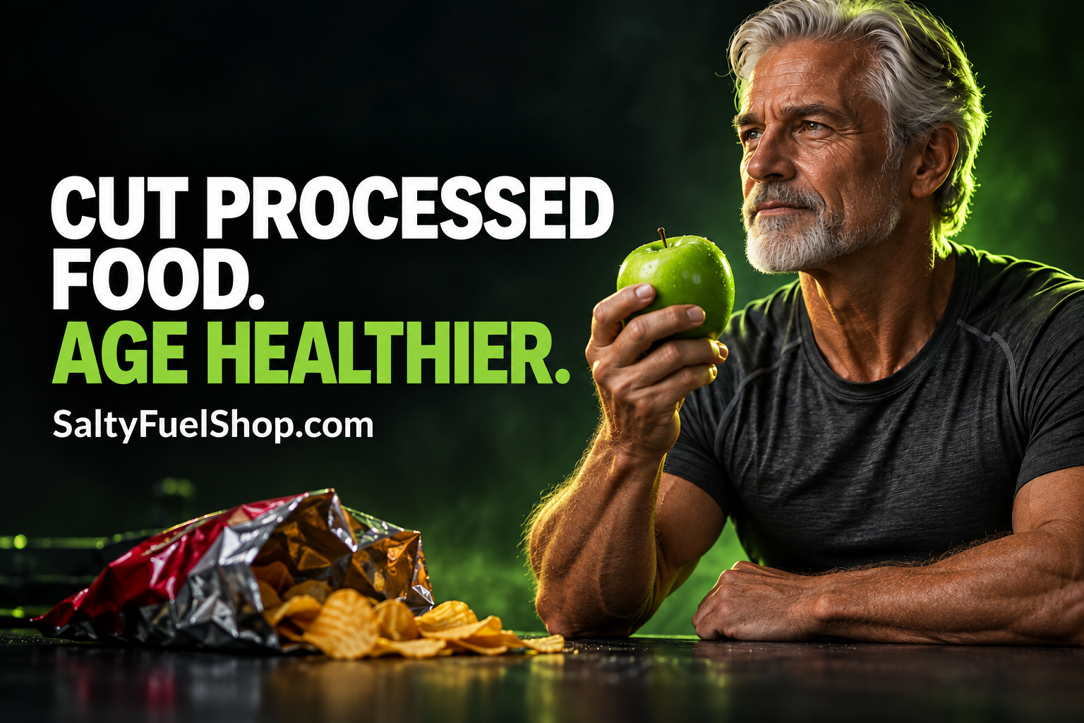 Older man choosing a fresh apple over chips to slow ultra-processed foods aging