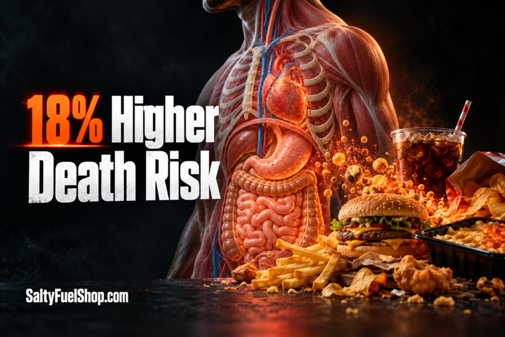Ultra-processed foods shown beside a human body displaying internal organs