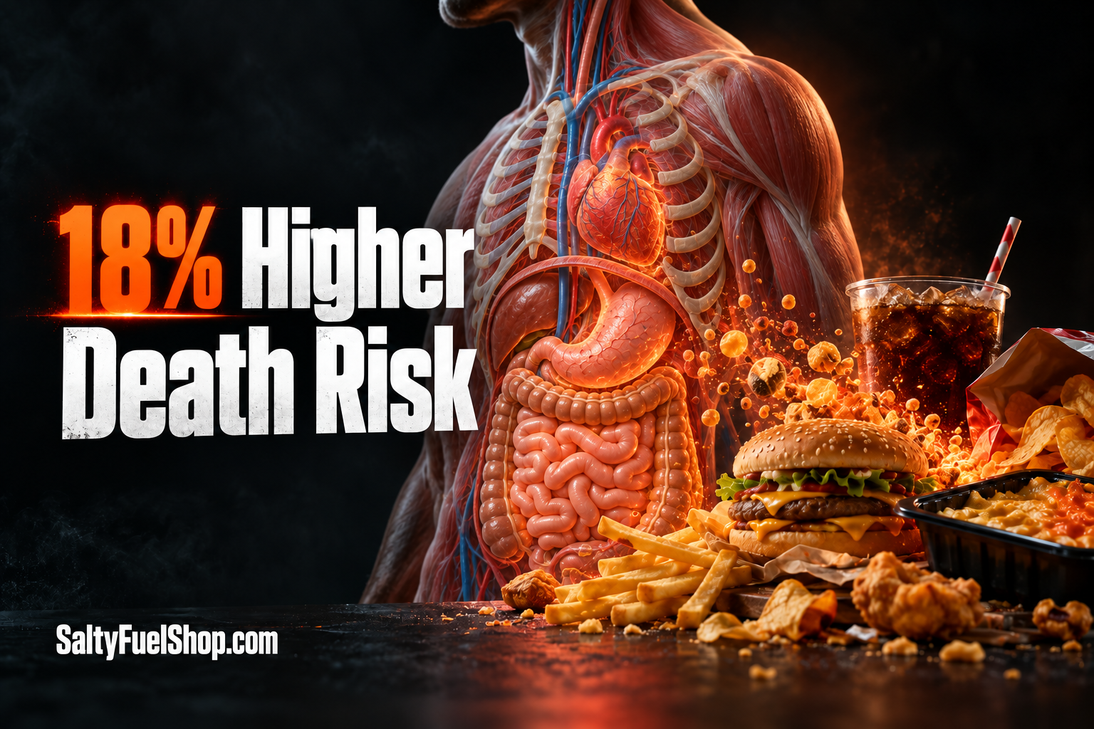 Ultra-processed foods shown beside a human body displaying internal organs