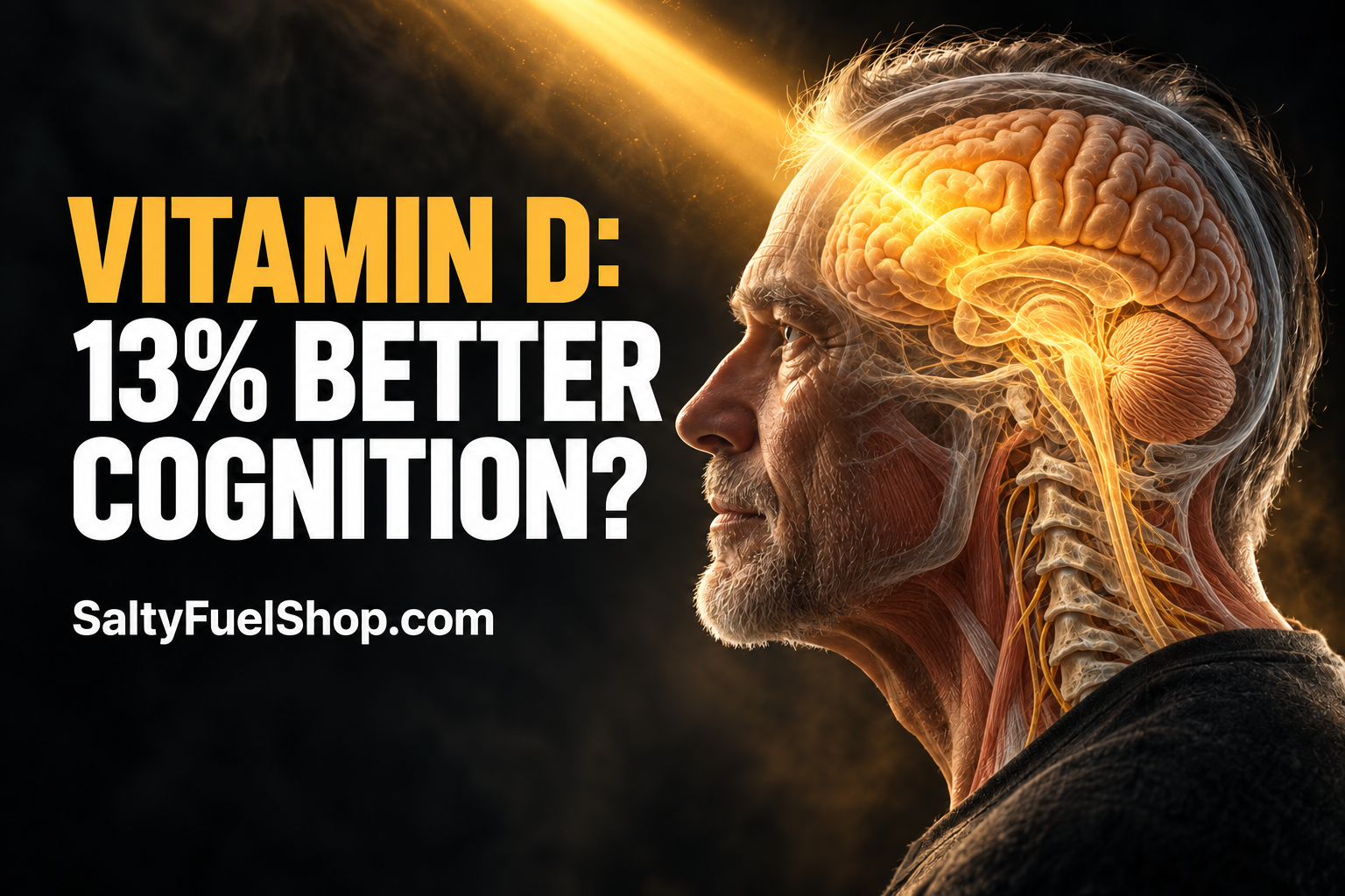 Profile view of an older man with an illuminated brain highlighting vitamin D cognition