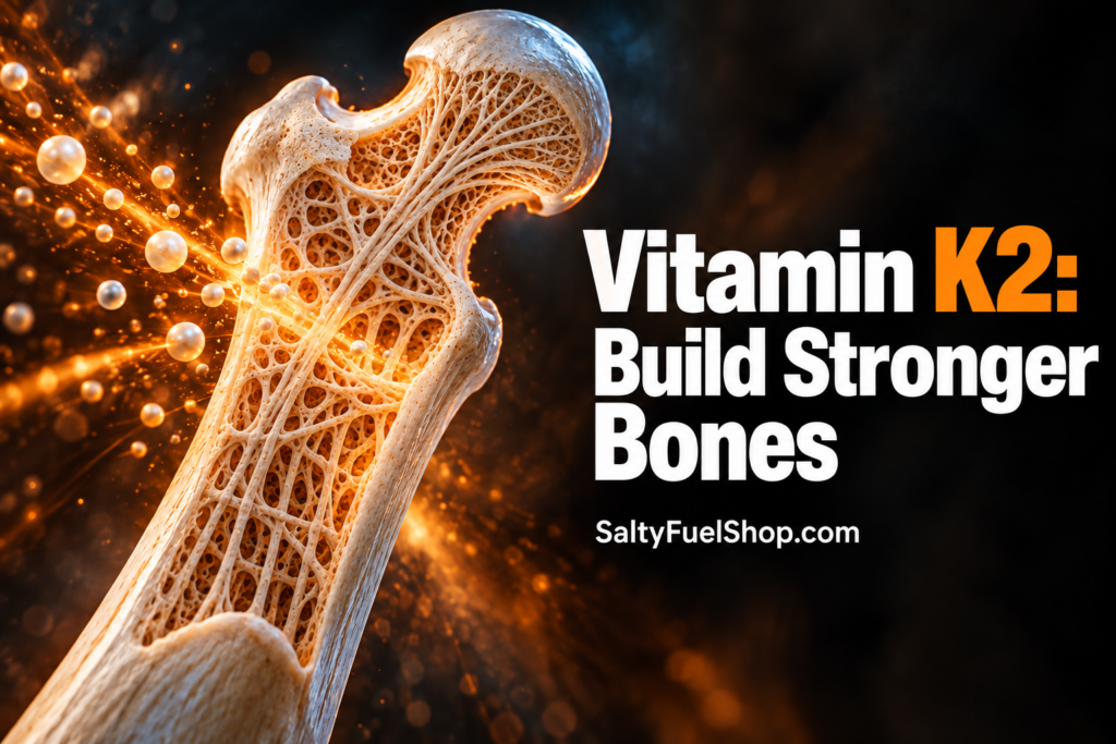 Vitamin K Benefits illustrated through a glowing bone structure against a dark background