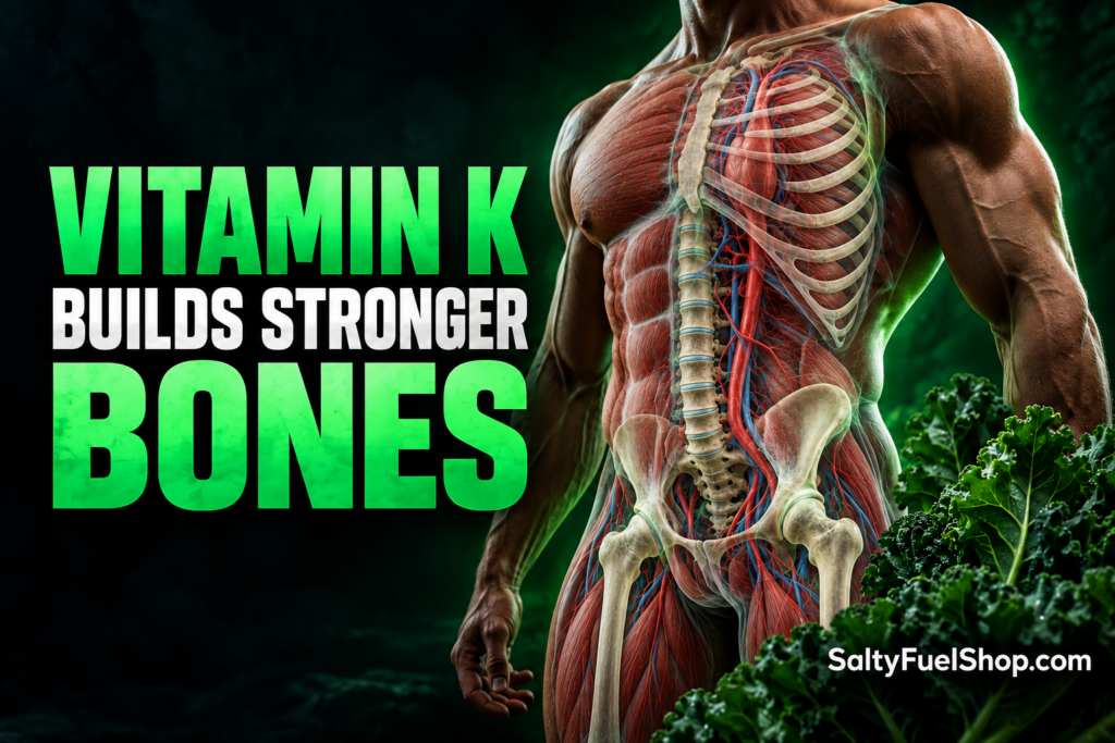 Vitamin K Benefits illustrated by a muscular human torso with visible bones and kale